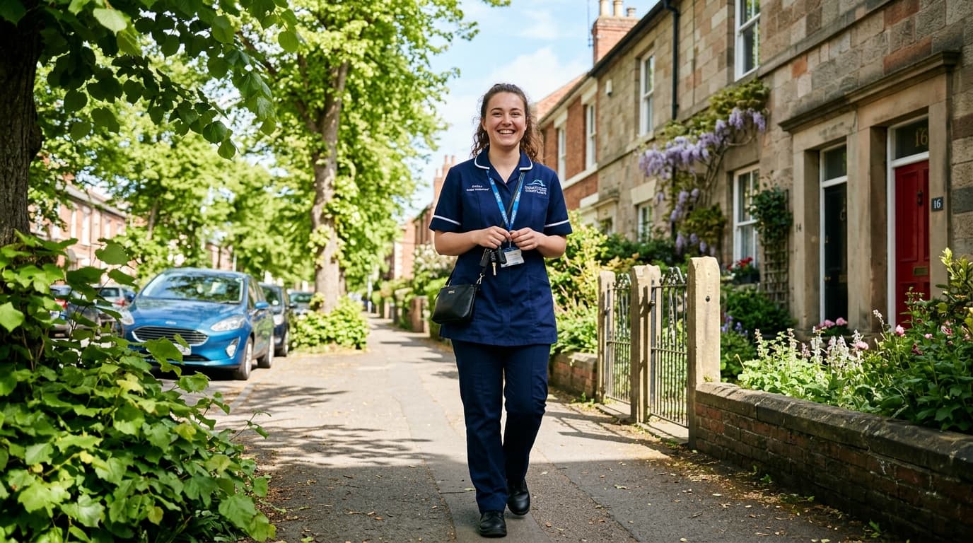 Trinity Havens care worker smiling warmly outside a Shrewsbury home